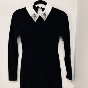 LUXE Karen Millen Black Midi Dress - Crystal Embellished White Collar - NWOT